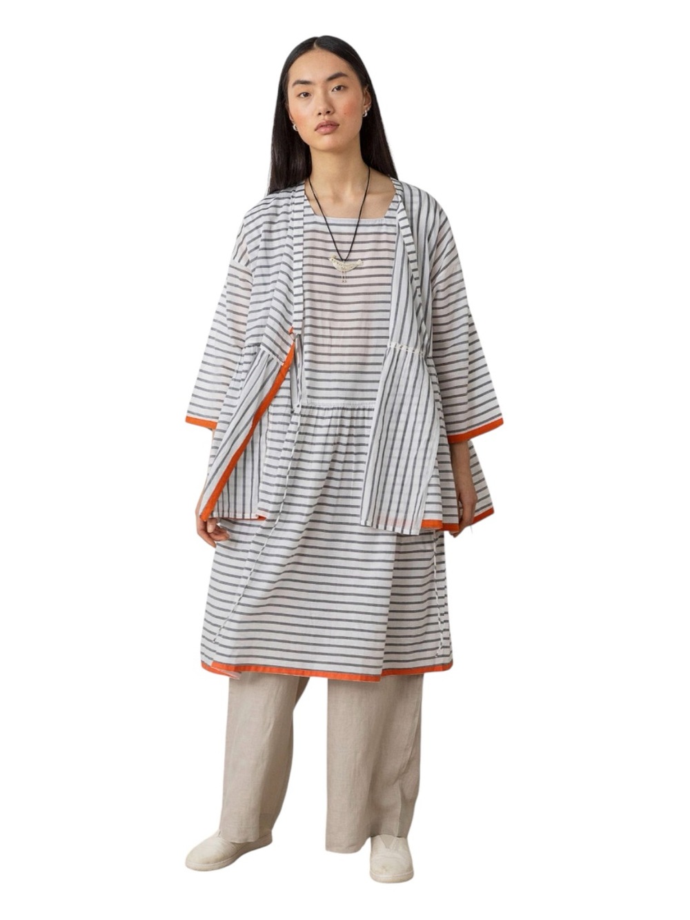 NWT Gudrun Sjoden Nord Organic Cotton Tunic/Jacket Set Ecru Stripe Size XL